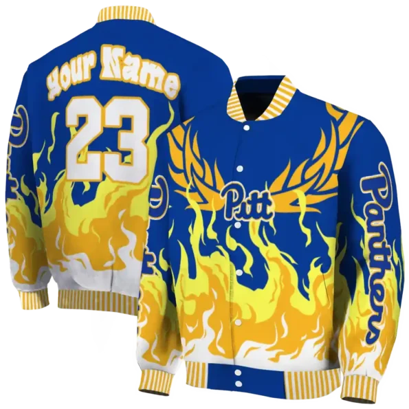 custom pittsburgh panthers winged blaze royal blue white varsity jacket fashion forward.webp