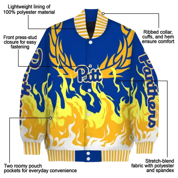 custom pittsburgh panthers winged blaze royal blue white varsity jacket new arrival.webp