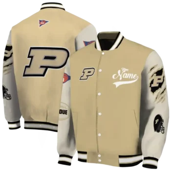 custom purdue boilermakers wildcat pawprint gold nude varsity jacket fashion forward.webp