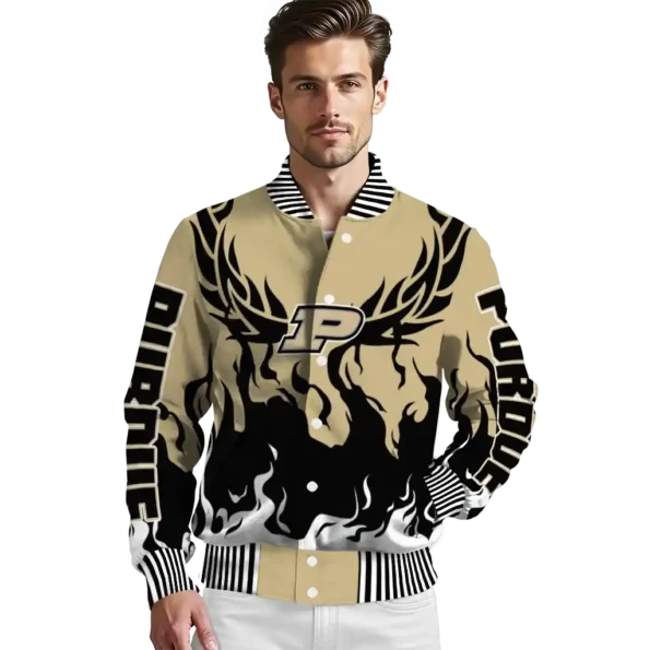 custom purdue boilermakers winged blaze gold white varsity jacket high quality.webp