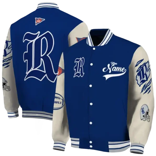 custom rice owls wildcat pawprint navy blue nude varsity jacket fashion forward.webp