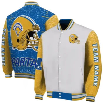 custom san jose state spartans speckled arms blue gray varsity jacket fashion forward.webp
