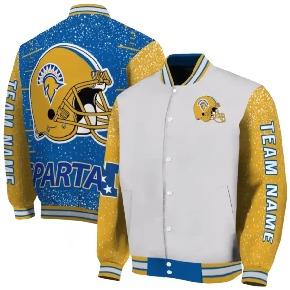 custom san jose state spartans speckled arms blue gray varsity jacket fashion forward.webp