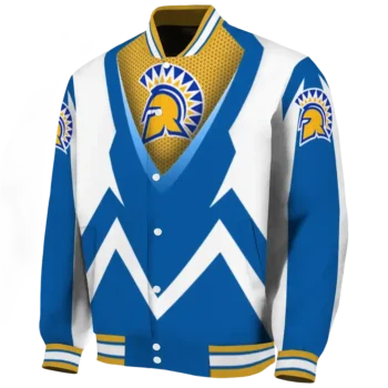 custom san jose state spartans v stripes blue white varsity jacket best selling.webp