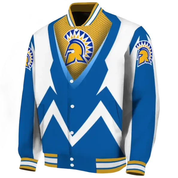 custom san jose state spartans v stripes blue white varsity jacket best selling.webp
