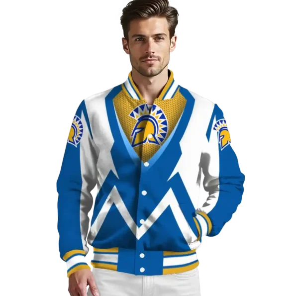 custom san jose state spartans v stripes blue white varsity jacket high quality.webp