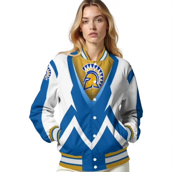 custom san jose state spartans v stripes blue white varsity jacket latest model.webp