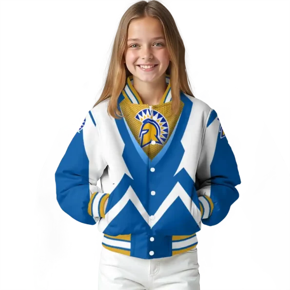 custom san jose state spartans v stripes blue white varsity jacket top rated.webp