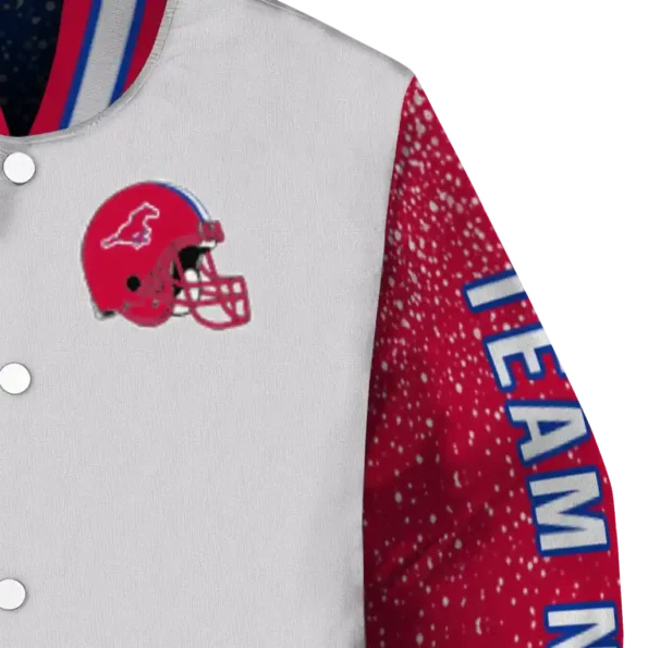 custom smu mustangs speckled arms blue gray varsity jacket premium grade.webp