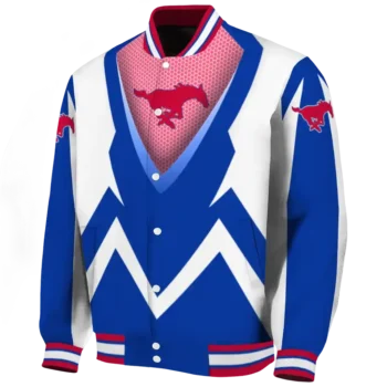 custom smu mustangs v stripes blue white varsity jacket best selling.webp