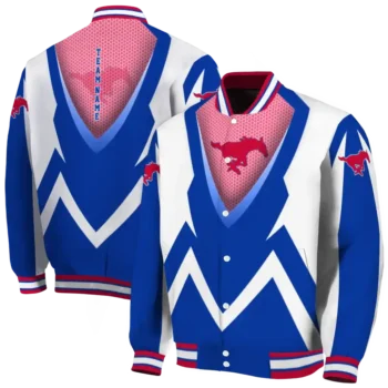 custom smu mustangs v stripes blue white varsity jacket fashion forward.webp