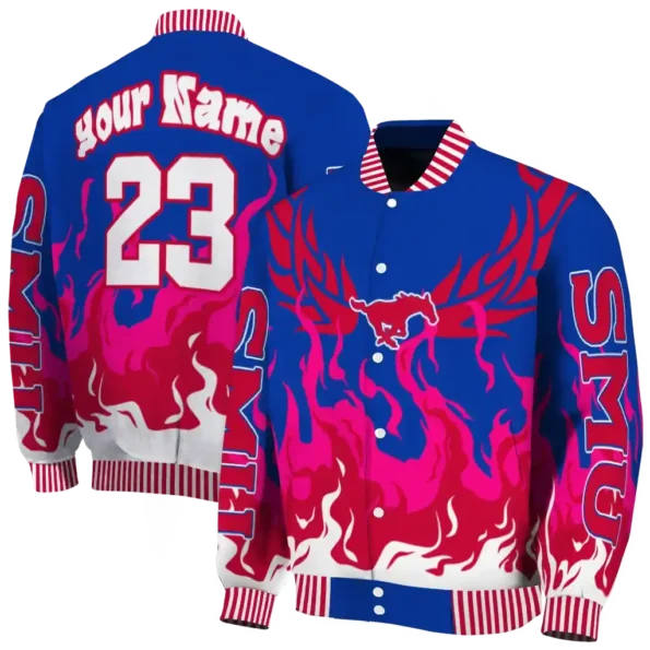 custom smu mustangs winged blaze blue white varsity jacket fashion forward.webp