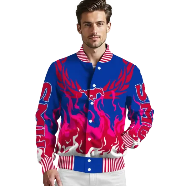 custom smu mustangs winged blaze blue white varsity jacket high quality.webp