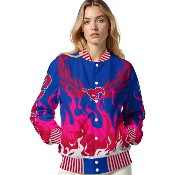 custom smu mustangs winged blaze blue white varsity jacket latest model.webp