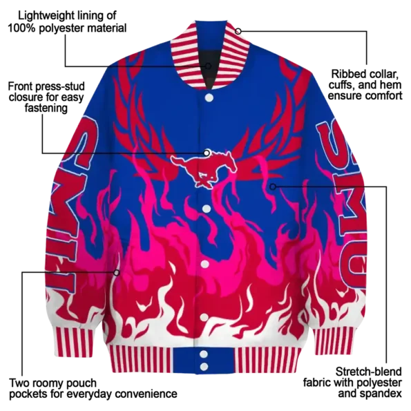 custom smu mustangs winged blaze blue white varsity jacket new arrival.webp