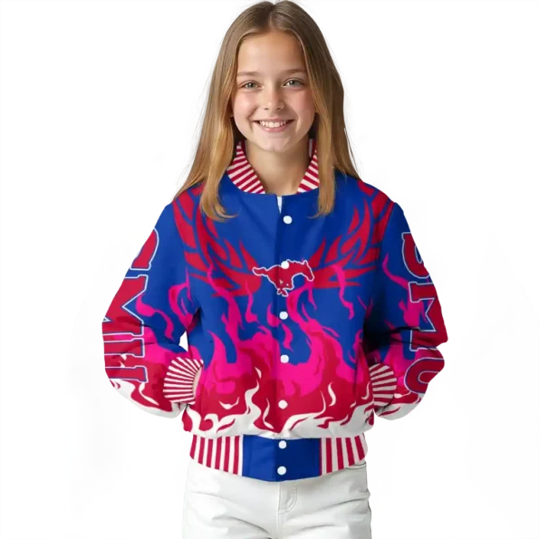custom smu mustangs winged blaze blue white varsity jacket top rated.webp