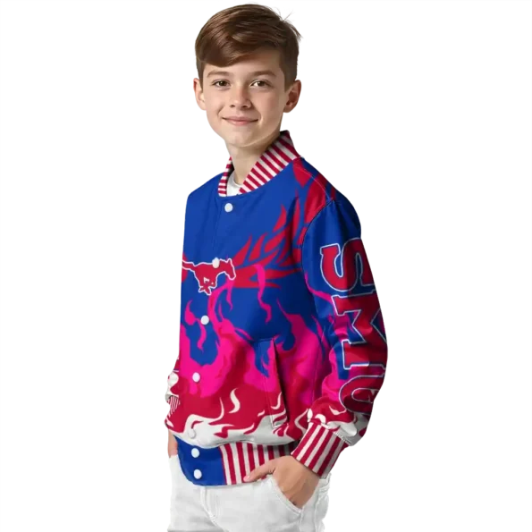 custom smu mustangs winged blaze blue white varsity jacket trendy.webp