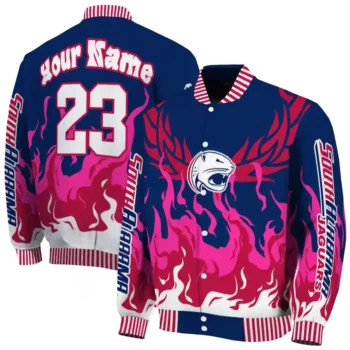 custom south alabama jaguars winged blaze blue white varsity jacket fashion forward.webp