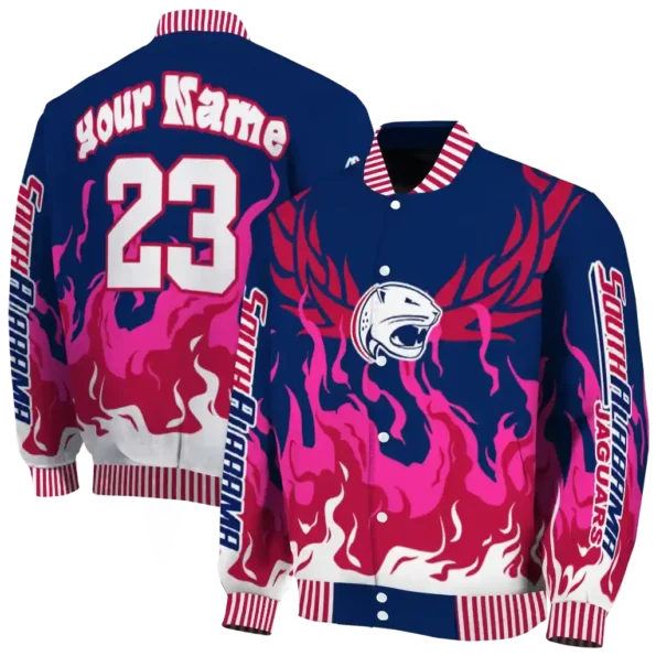custom south alabama jaguars winged blaze blue white varsity jacket fashion forward.webp