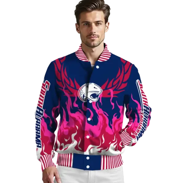 custom south alabama jaguars winged blaze blue white varsity jacket high quality.webp