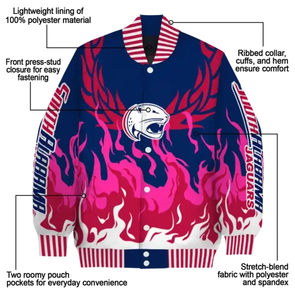 custom south alabama jaguars winged blaze blue white varsity jacket new arrival.webp