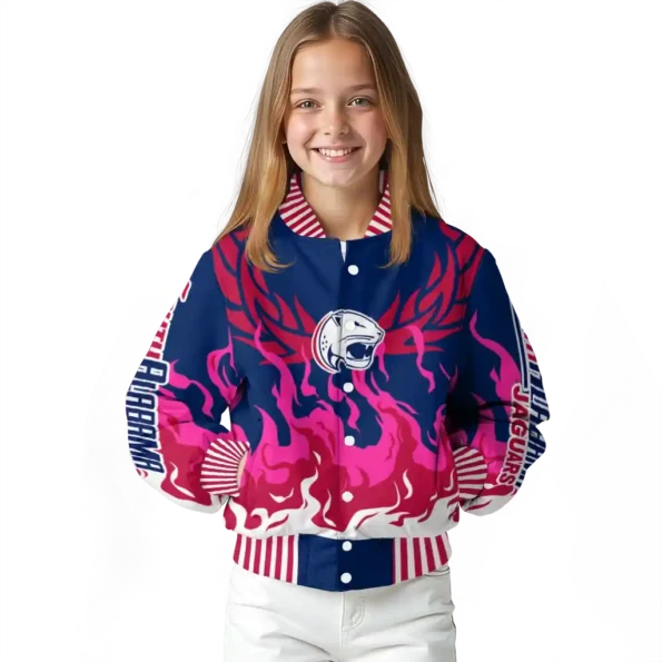 custom south alabama jaguars winged blaze blue white varsity jacket top rated.webp