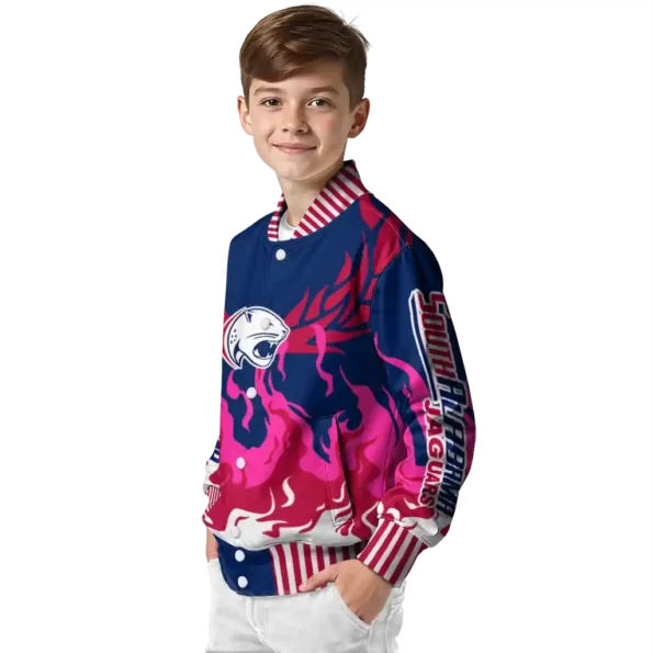 custom south alabama jaguars winged blaze blue white varsity jacket trendy.webp
