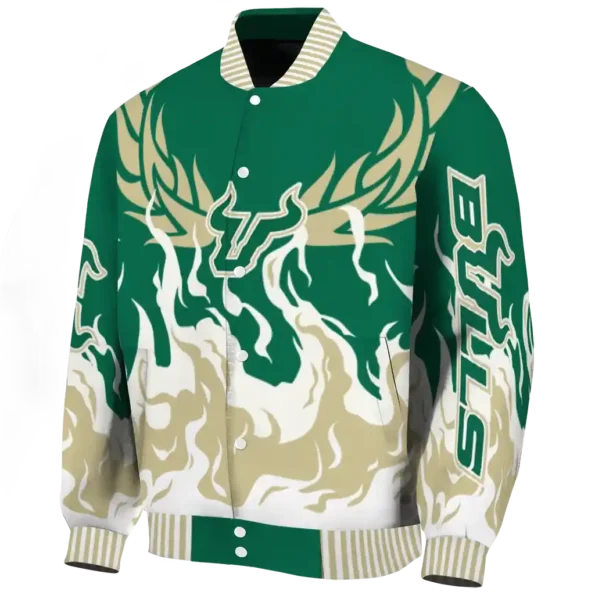 custom south florida bulls winged blaze green white varsity jacket best selling.webp