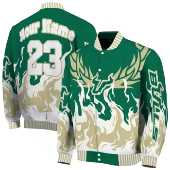 custom south florida bulls winged blaze green white varsity jacket fashion forward.webp