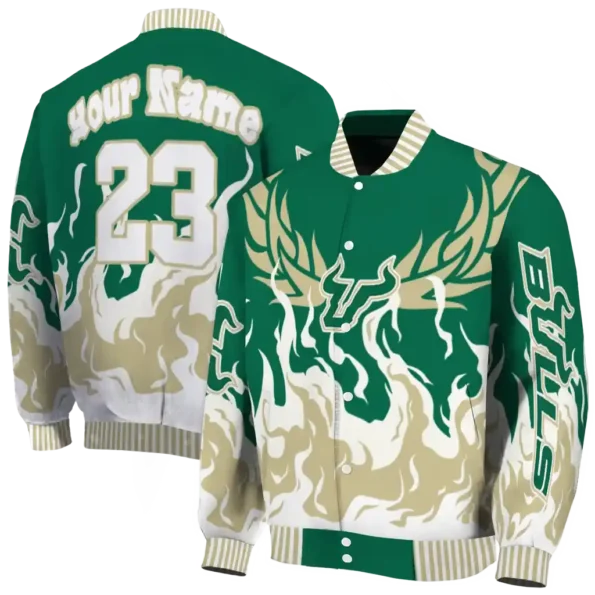 custom south florida bulls winged blaze green white varsity jacket fashion forward.webp