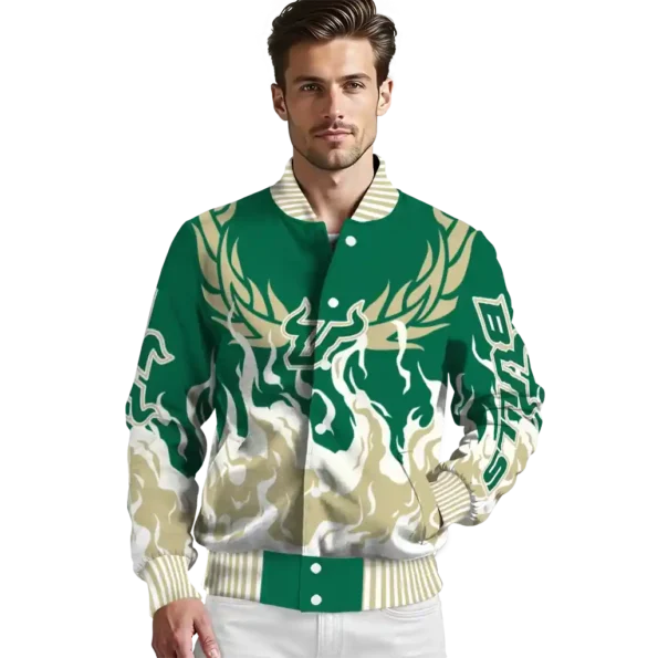 custom south florida bulls winged blaze green white varsity jacket high quality.webp