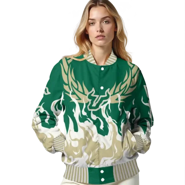 custom south florida bulls winged blaze green white varsity jacket latest model.webp