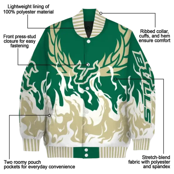 custom south florida bulls winged blaze green white varsity jacket new arrival.webp