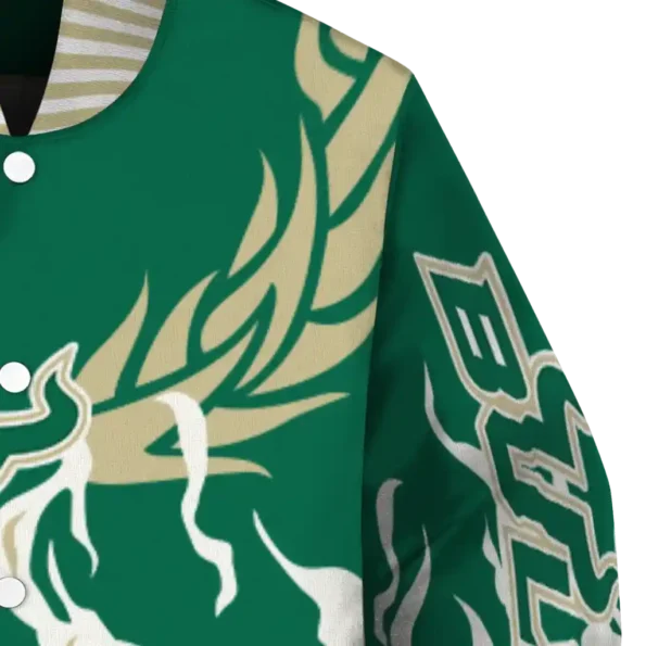 custom south florida bulls winged blaze green white varsity jacket premium grade.webp