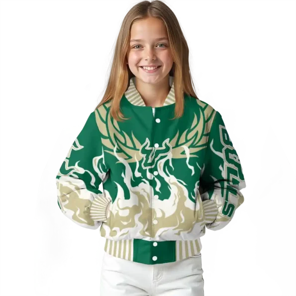 custom south florida bulls winged blaze green white varsity jacket top rated.webp