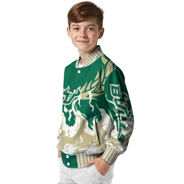 custom south florida bulls winged blaze green white varsity jacket trendy.webp