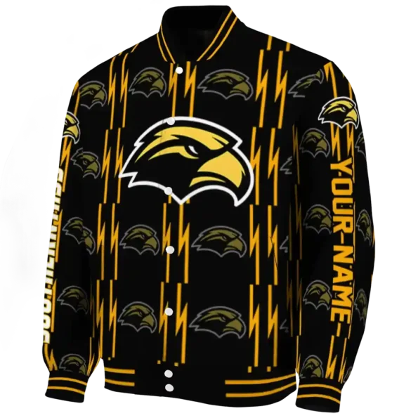 custom southern miss golden eagles bolt stripe black varsity jacket best selling.webp