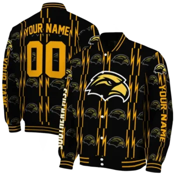 custom southern miss golden eagles bolt stripe black varsity jacket fashion forward.webp