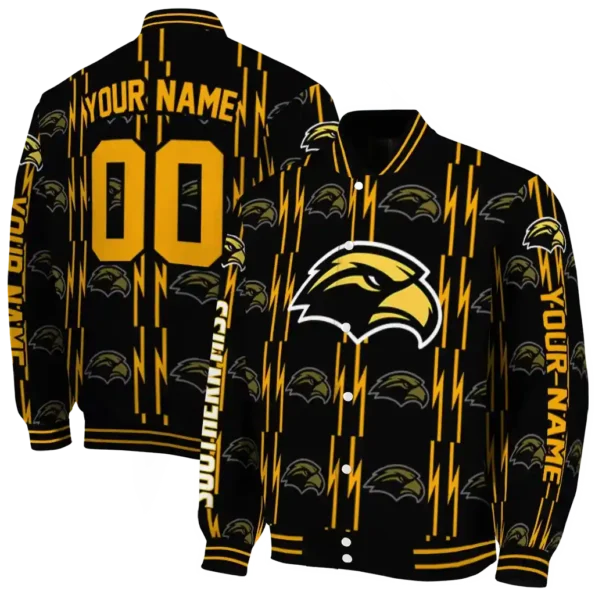 custom southern miss golden eagles bolt stripe black varsity jacket fashion forward.webp