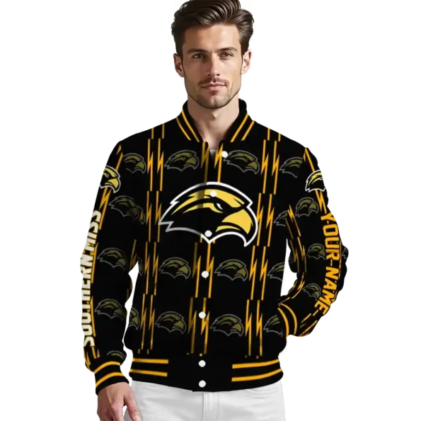 custom southern miss golden eagles bolt stripe black varsity jacket high quality.webp