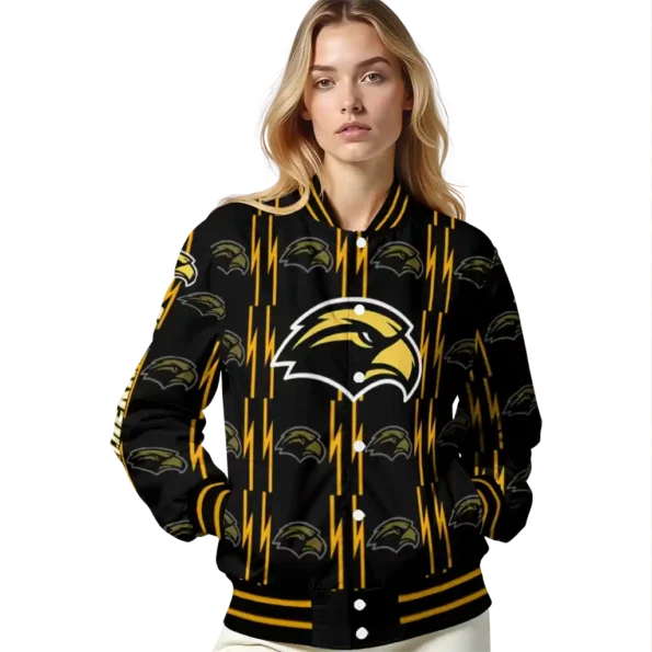 custom southern miss golden eagles bolt stripe black varsity jacket latest model.webp