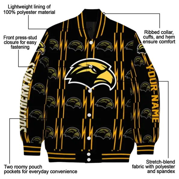custom southern miss golden eagles bolt stripe black varsity jacket new arrival.webp
