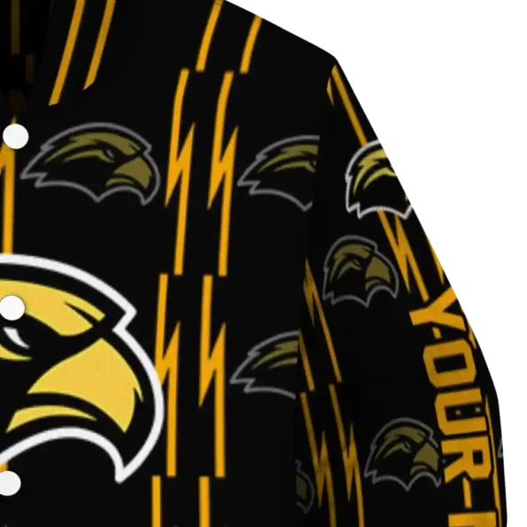 custom southern miss golden eagles bolt stripe black varsity jacket premium grade.webp