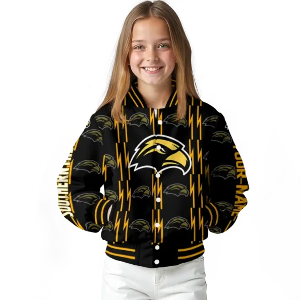 custom southern miss golden eagles bolt stripe black varsity jacket top rated.webp