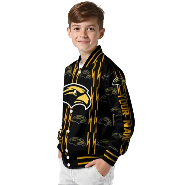 custom southern miss golden eagles bolt stripe black varsity jacket trendy.webp