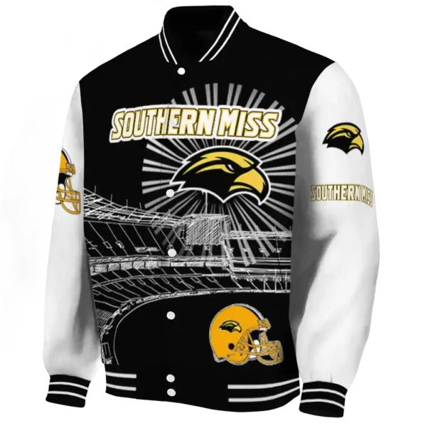 custom southern miss golden eagles ferris arena black white varsity jacket best selling.webp
