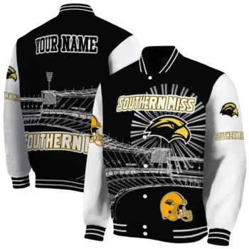 custom southern miss golden eagles ferris arena black white varsity jacket fashion forward.webp