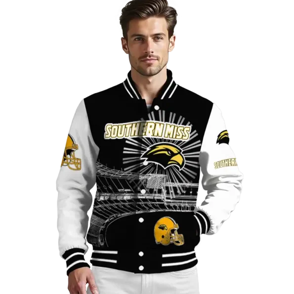 custom southern miss golden eagles ferris arena black white varsity jacket high quality.webp