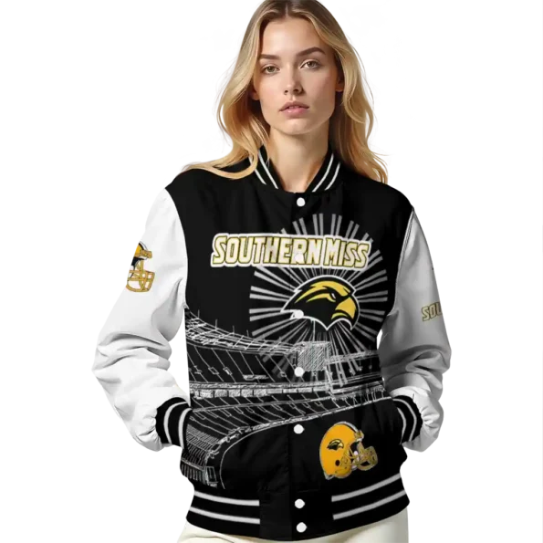 custom southern miss golden eagles ferris arena black white varsity jacket latest model.webp
