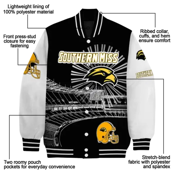 custom southern miss golden eagles ferris arena black white varsity jacket new arrival.webp